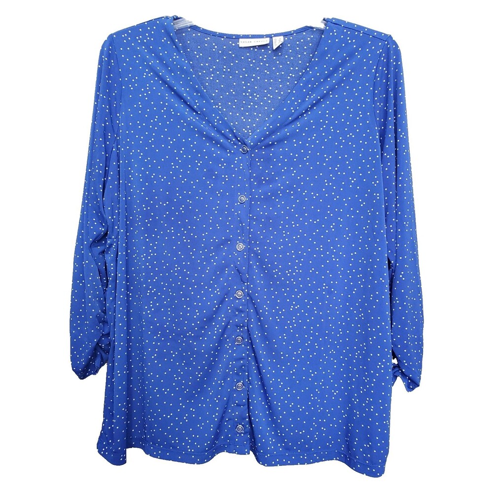 Susan Graver LiquidKnit Blue Polka Dot Ruched Sleeve Button-Up Blouse Size 1X